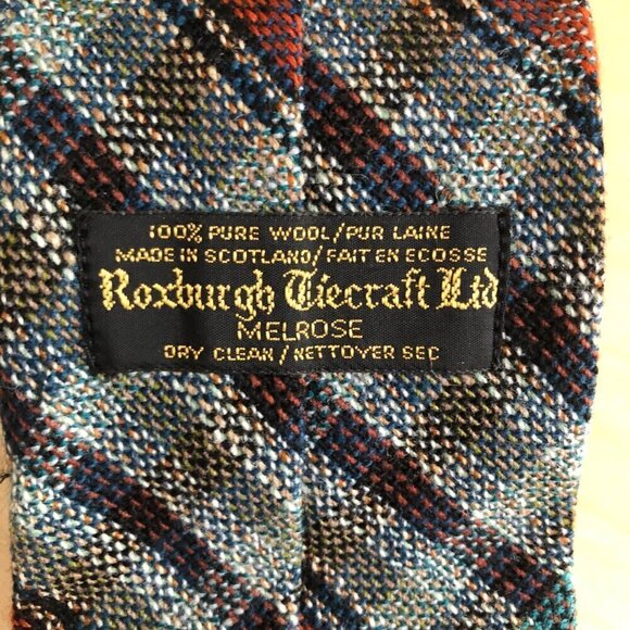 Vintage Roxburgh Melrose Mens Wool Plaid Necktie Brown Tan Made in Scotland Tie - Picture 3 of 6